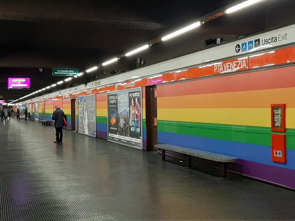 The permanently rainbow-painted Porta Venezia metro station, heart of Milan's queer district and Milano Pride.